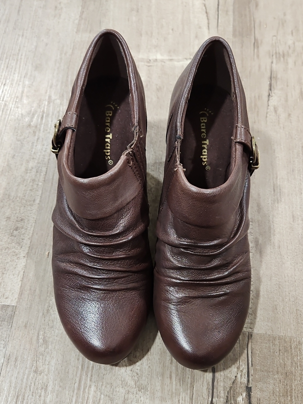 BareTraps Brown Leather Ruched Ankle Booties with Buckle. Bin 12